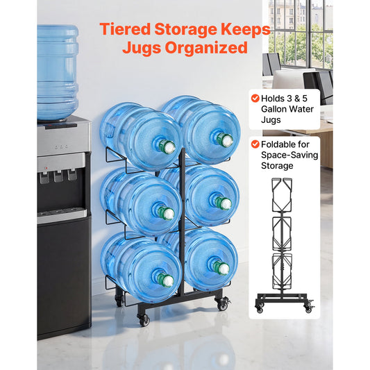 KFFKFF 3-Tier Double Row Water Jug Rack, Holds 6 Bottles (3 & 5 Gallon), Sturdy Organizer with Wheels and Handles, Foldable Design for Home, Office, or Kitchen, Black