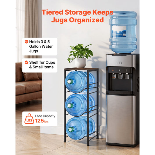 KFFKFF 4-Tier Water Jug Rack, Organizer for 3 and 5 Gallon Bottles, Heavy-Duty Storage Shelf with Detachable Design for Home, Office, and Kitchen, Black and Brown