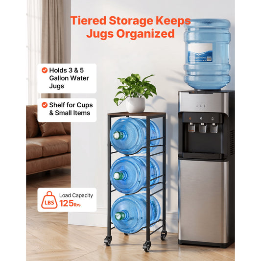 KFFKFF 4-Tier Water Jug Rack, Organizer for 3 and 5 Gallon Bottles with Storage Shelf and Wheels, Heavy-Duty Stand for Kitchen, Office, or Living Room, Black and Brown