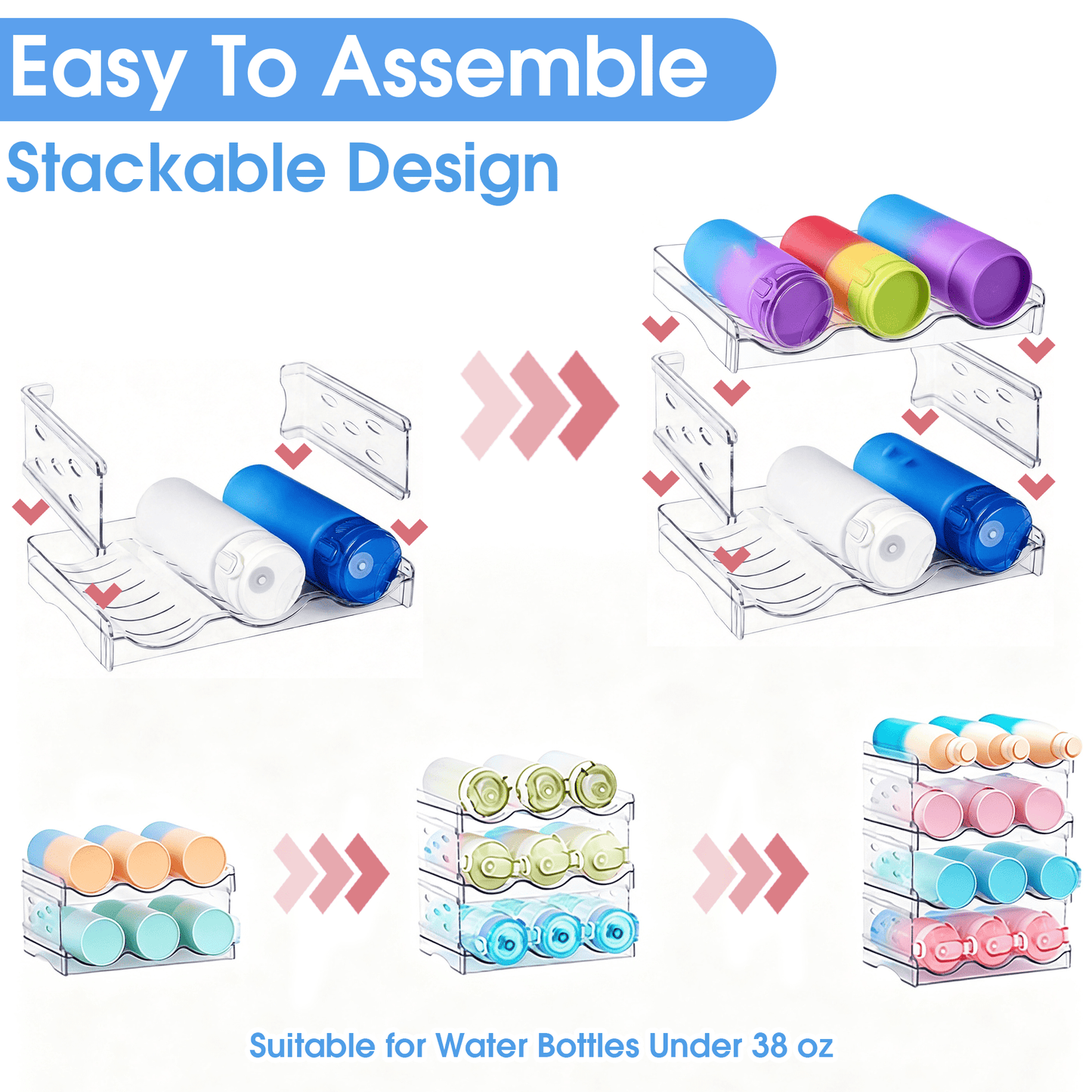 Stackable Water Bottle Organizer, 4-Tier Clear Bottle Storage Rack, Water Bottle Storage Rack, Kitchen Storage Organizer for Cup Accessories for Kitchen Cabinet, Countertop, Pantry, Holds 12 Bottles