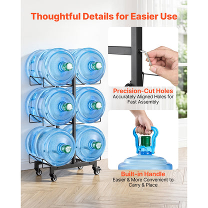 KFFKFF 3-Tier Double Row Water Jug Rack, Holds 6 Bottles (3 & 5 Gallon), Sturdy Organizer with Wheels and Handles, Foldable Design for Home, Office, or Kitchen, Black