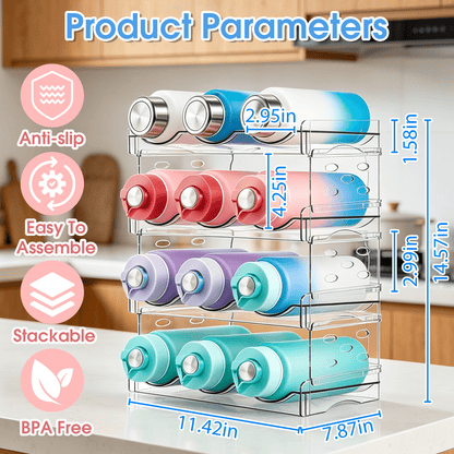 Stackable Water Bottle Organizer, 4-Tier Clear Bottle Storage Rack, Water Bottle Storage Rack, Kitchen Storage Organizer for Cup Accessories for Kitchen Cabinet, Countertop, Pantry, Holds 12 Bottles
