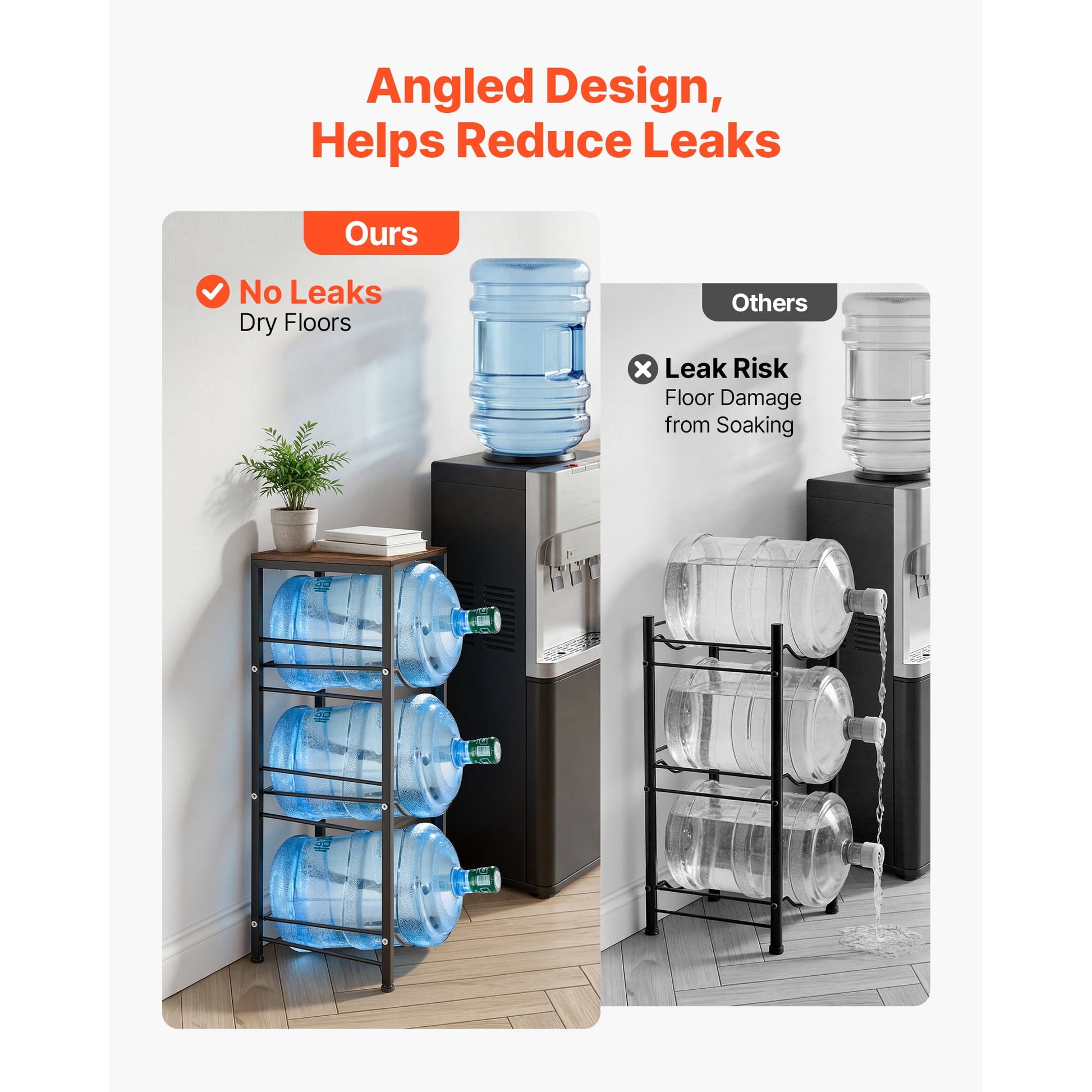 KFFKFF 4-Tier Water Jug Rack, Organizer for 3 and 5 Gallon Bottles, Heavy-Duty Storage Shelf with Detachable Design for Home, Office, and Kitchen, Black and Brown