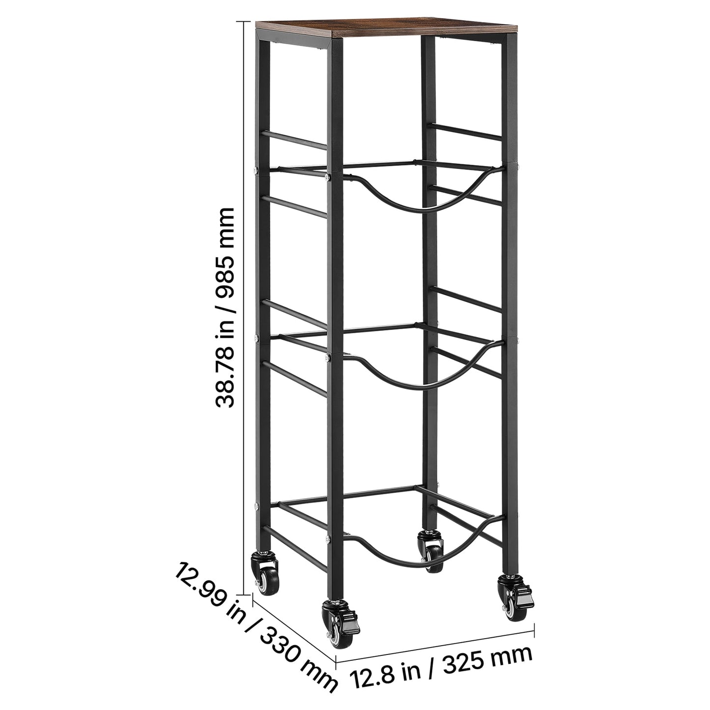 KFFKFF 4-Tier Water Jug Rack, Organizer for 3 and 5 Gallon Bottles with Storage Shelf and Wheels, Heavy-Duty Stand for Kitchen, Office, or Living Room, Black and Brown