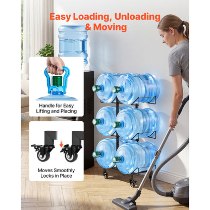 KFFKFF 3-Tier Double Row Water Jug Rack, Holds 6 Bottles (3 & 5 Gallon), Sturdy Organizer with Wheels and Handles, Foldable Design for Home, Office, or Kitchen, Black