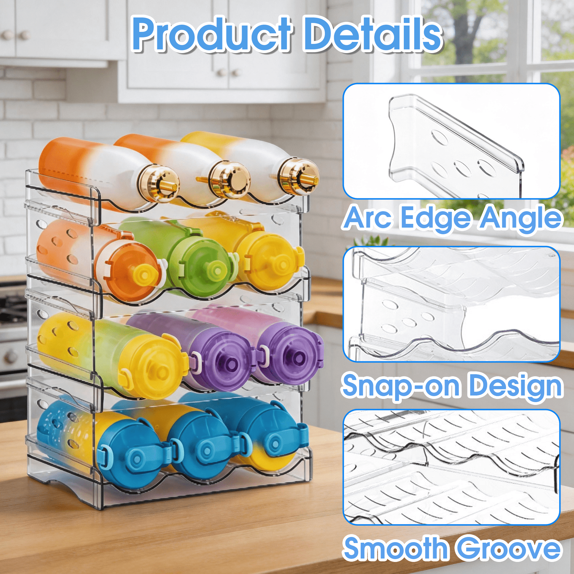 Stackable Water Bottle Organizer, 4-Tier Clear Bottle Storage Rack, Water Bottle Storage Rack, Kitchen Storage Organizer for Cup Accessories for Kitchen Cabinet, Countertop, Pantry, Holds 12 Bottles