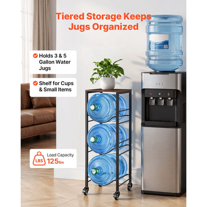KFFKFF 4-Tier Water Jug Rack, Organizer for 3 and 5 Gallon Bottles with Storage Shelf and Wheels, Heavy-Duty Stand for Kitchen, Office, or Living Room, Black and Brown
