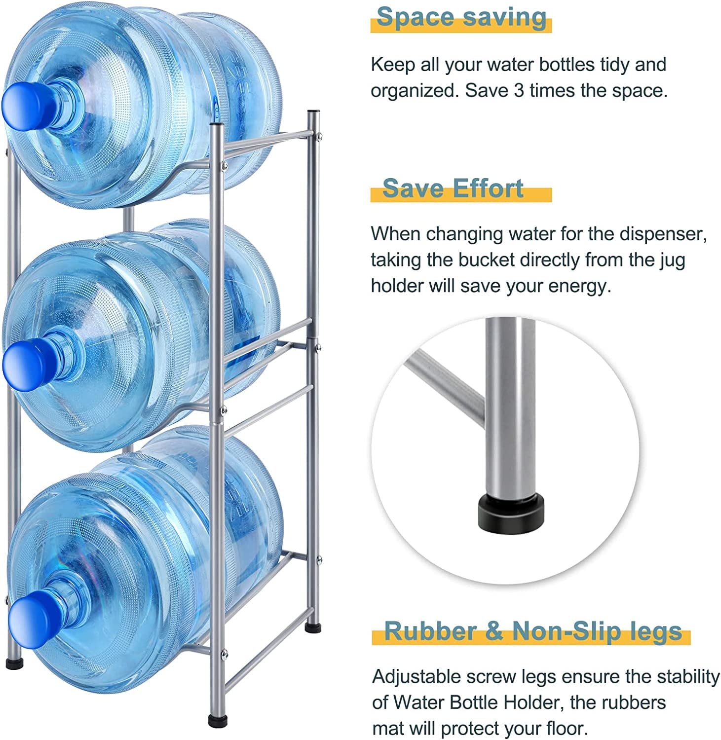 5 Gallon Water Jug Holder 3 Tier Water Cooler Jug Storage Rack, Silver