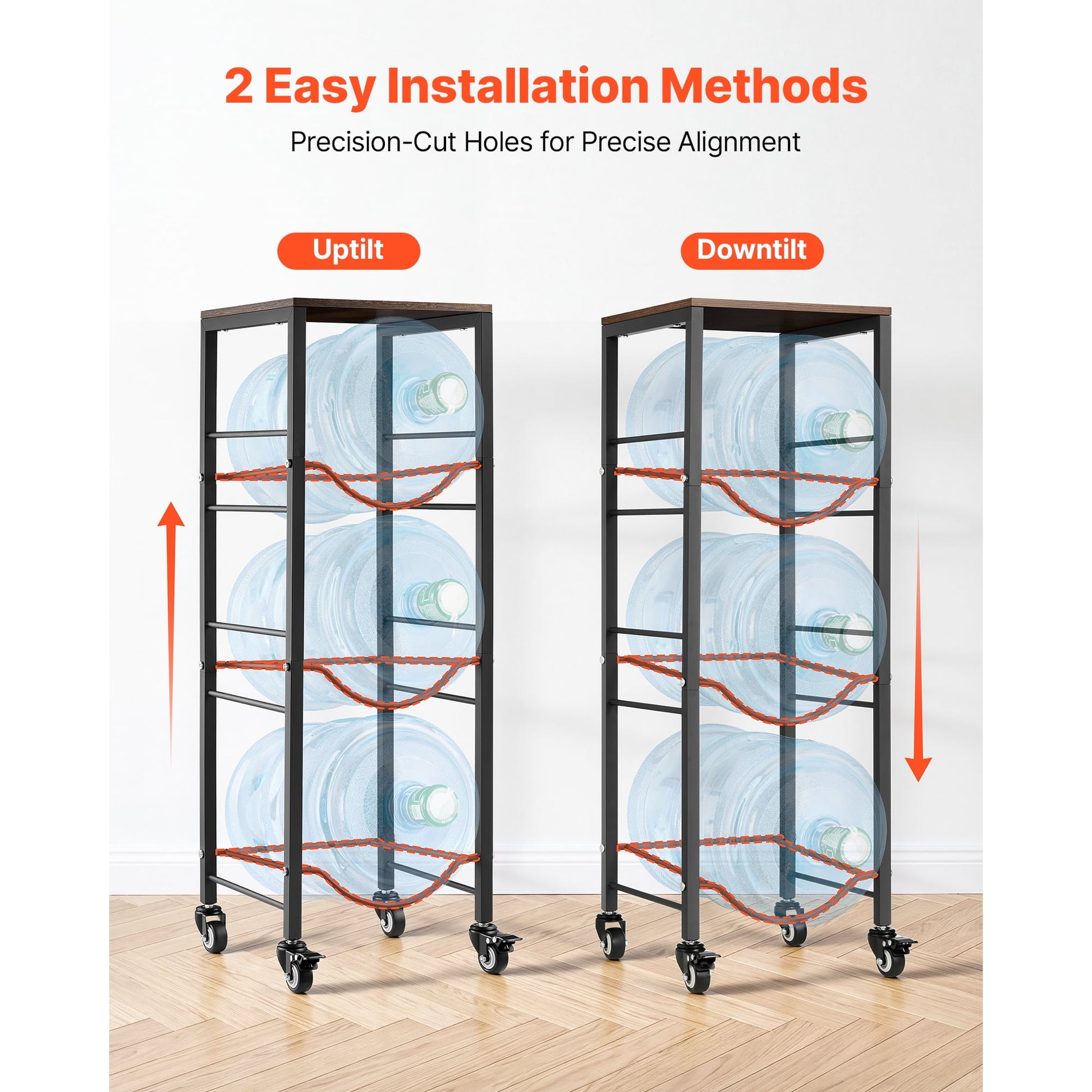 KFFKFF 4-Tier Water Jug Rack, Organizer for 3 and 5 Gallon Bottles with Storage Shelf and Wheels, Heavy-Duty Stand for Kitchen, Office, or Living Room, Black and Brown