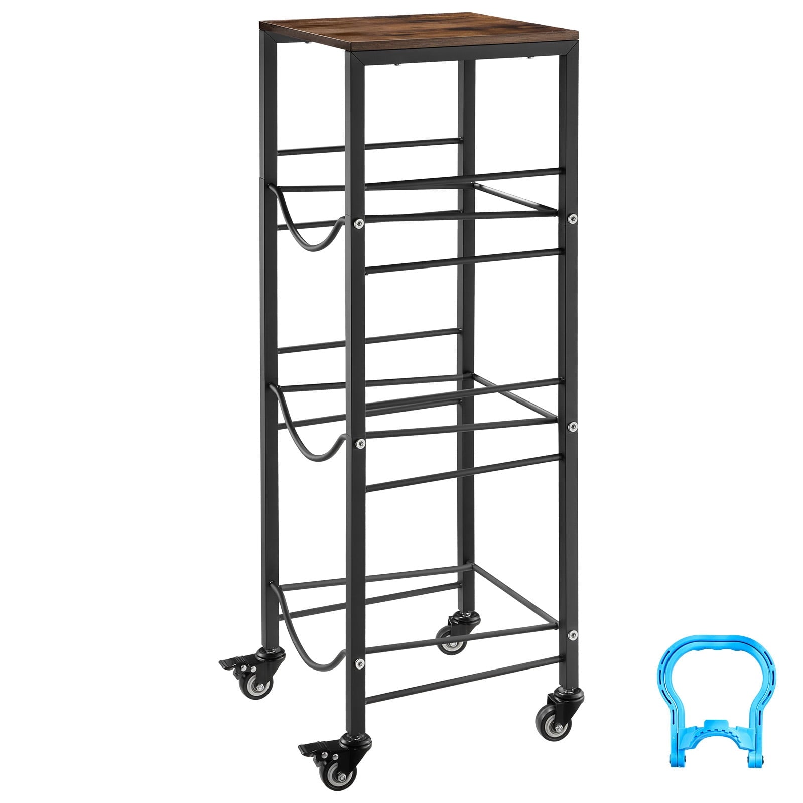 KFFKFF 4-Tier Water Jug Rack, Organizer for 3 and 5 Gallon Bottles with Storage Shelf and Wheels, Heavy-Duty Stand for Kitchen, Office, or Living Room, Black and Brown