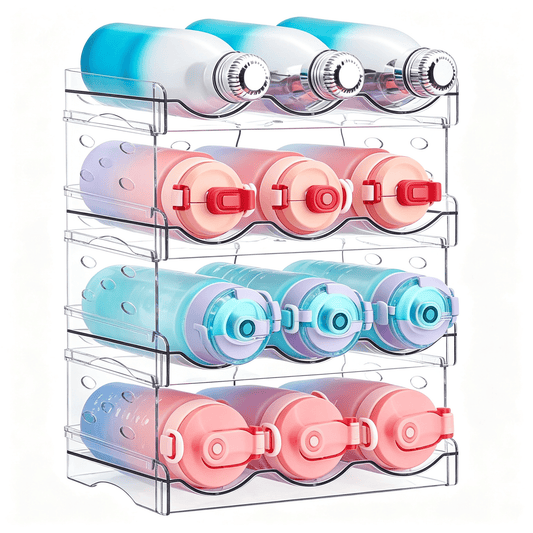 Stackable Water Bottle Organizer, 4-Tier Clear Bottle Storage Rack, Water Bottle Storage Rack, Kitchen Storage Organizer for Cup Accessories for Kitchen Cabinet, Countertop, Pantry, Holds 12 Bottles