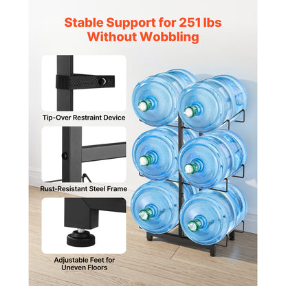 KFFKFF 3-Tier Double Row Water Jug Rack, Holds 6 Bottles (3 & 5 Gallon), Sturdy Organizer with Wheels and Handles, Foldable Design for Home, Office, or Kitchen, Black