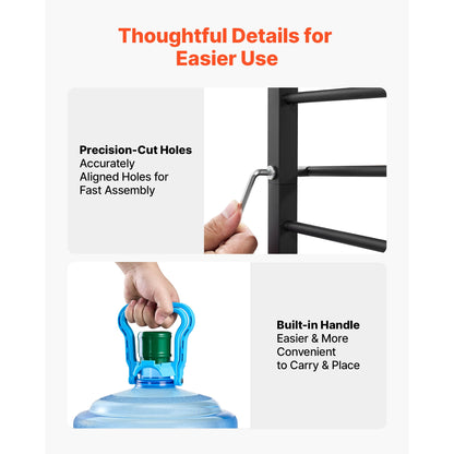KFFKFF 4-Tier Water Jug Rack, Organizer for 3 and 5 Gallon Bottles, Heavy-Duty Storage Shelf with Detachable Design for Home, Office, and Kitchen, Black and Brown