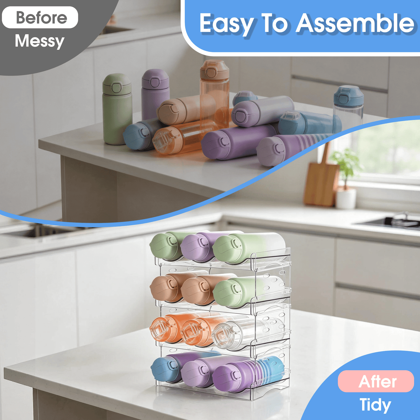 Stackable Water Bottle Organizer, 4-Tier Clear Bottle Storage Rack, Water Bottle Storage Rack, Kitchen Storage Organizer for Cup Accessories for Kitchen Cabinet, Countertop, Pantry, Holds 12 Bottles