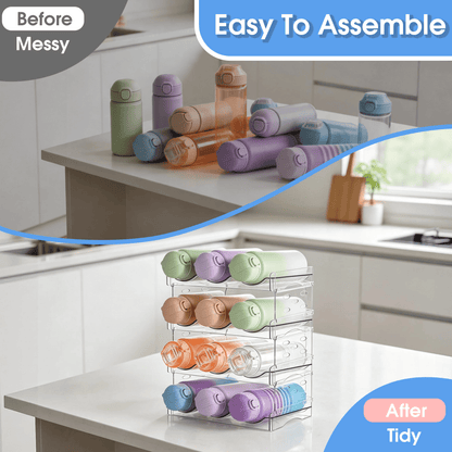 Stackable Water Bottle Organizer, 4-Tier Clear Bottle Storage Rack, Water Bottle Storage Rack, Kitchen Storage Organizer for Cup Accessories for Kitchen Cabinet, Countertop, Pantry, Holds 12 Bottles
