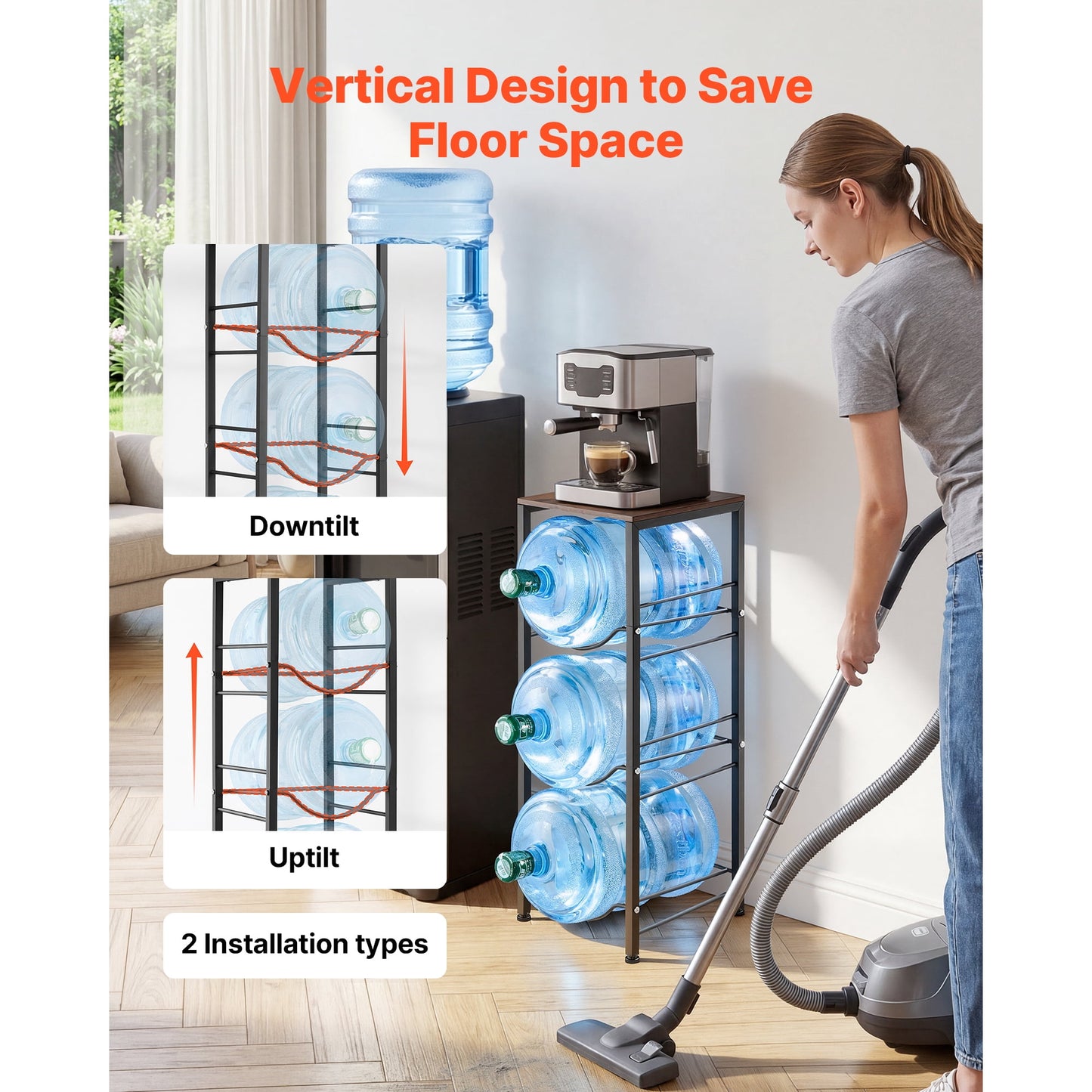 KFFKFF 4-Tier Water Jug Rack, Organizer for 3 and 5 Gallon Bottles, Heavy-Duty Storage Shelf with Detachable Design for Home, Office, and Kitchen, Black and Brown