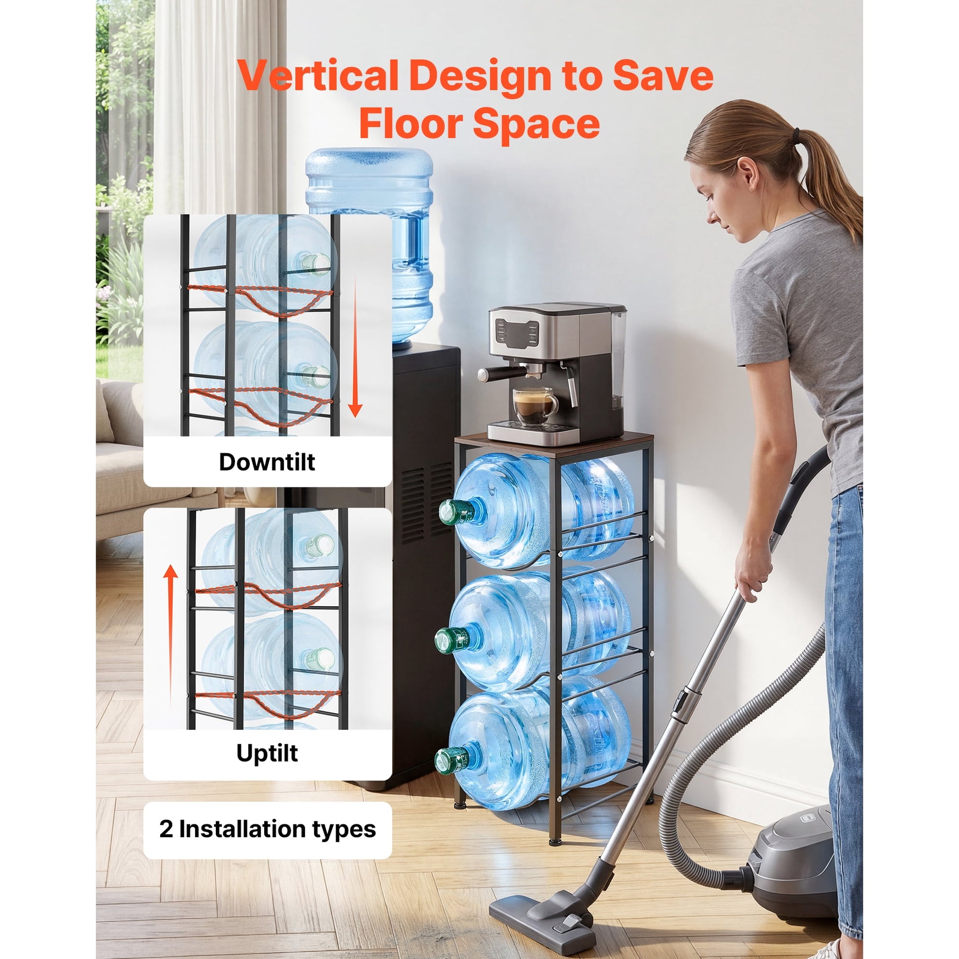 KFFKFF 4-Tier Water Jug Rack, Organizer for 3 and 5 Gallon Bottles, Heavy-Duty Storage Shelf with Detachable Design for Home, Office, and Kitchen, Black and Brown