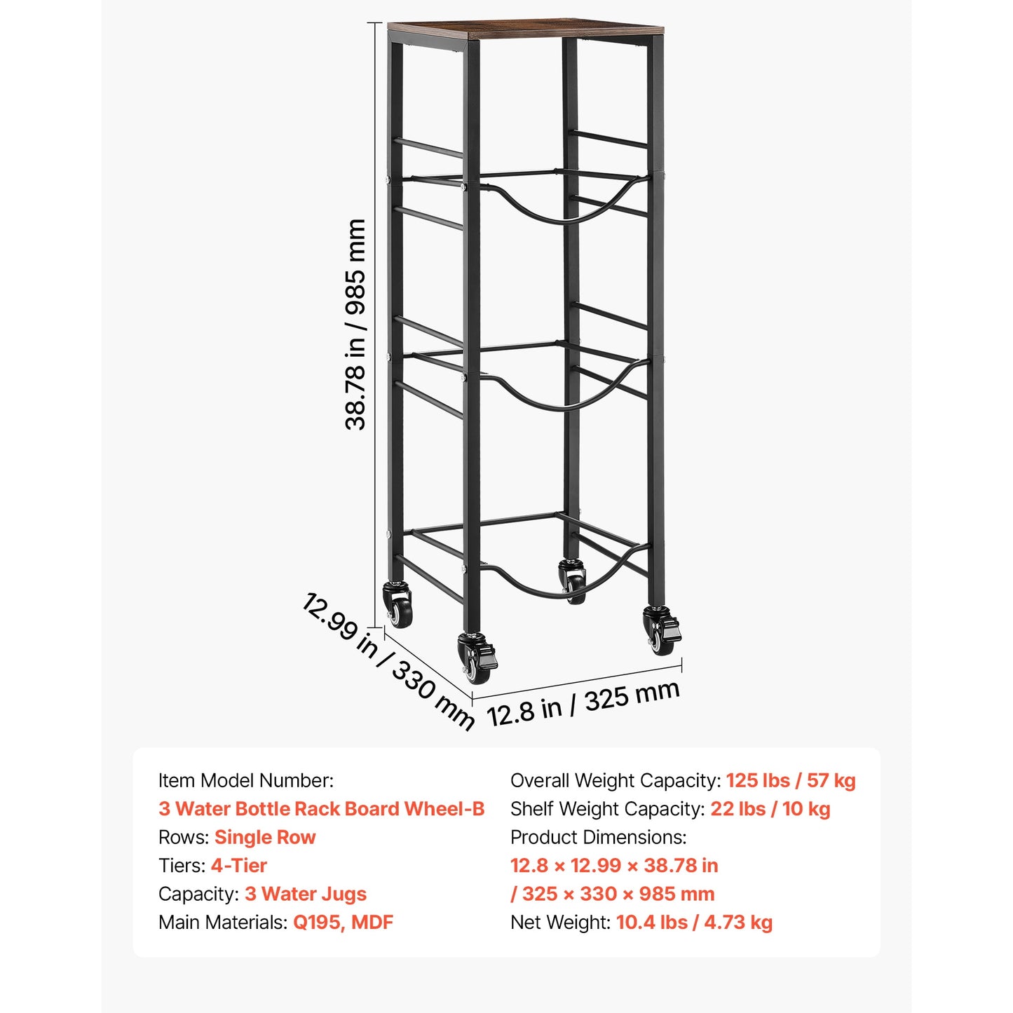 KFFKFF 4-Tier Water Jug Rack, Organizer for 3 and 5 Gallon Bottles with Storage Shelf and Wheels, Heavy-Duty Stand for Kitchen, Office, or Living Room, Black and Brown