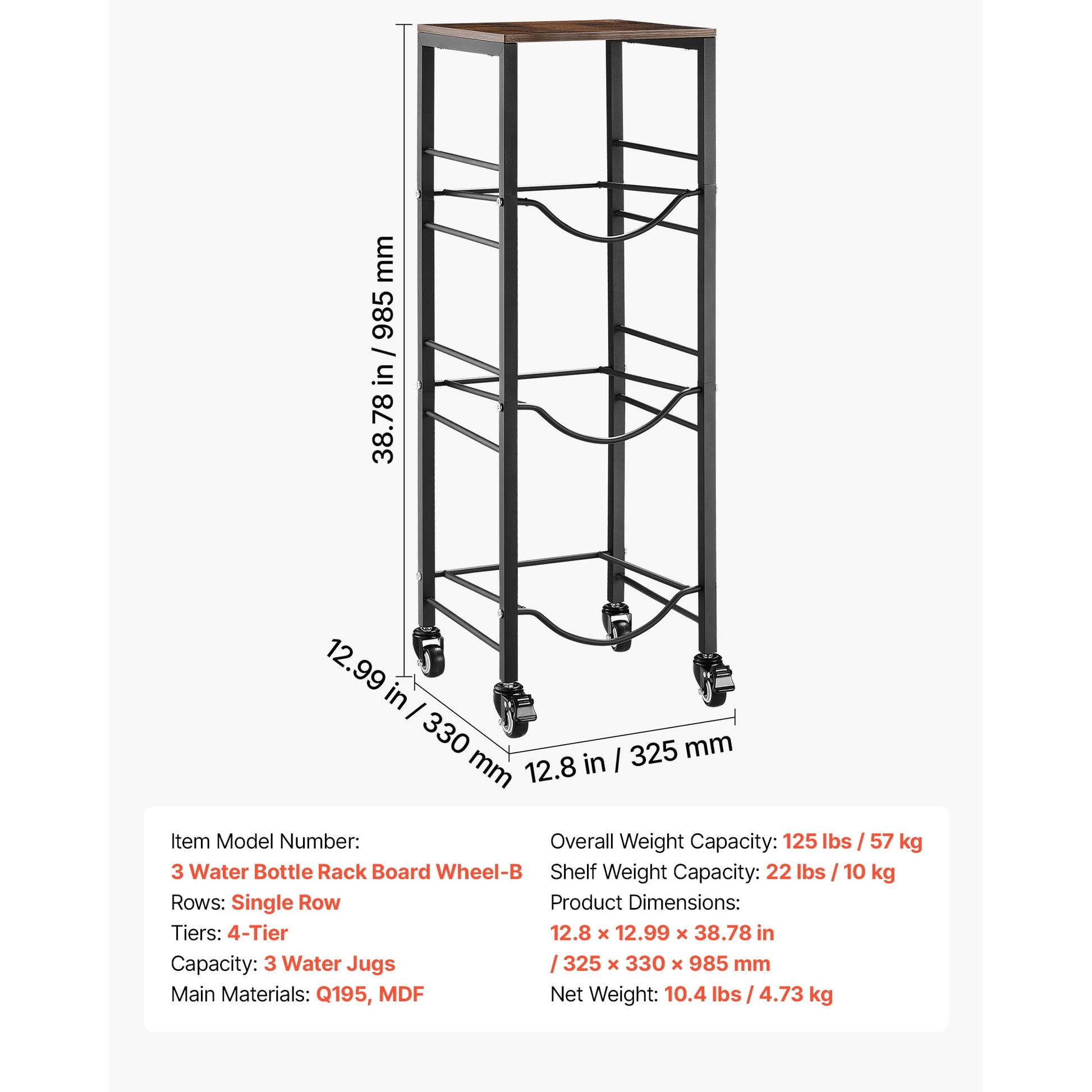 KFFKFF 4-Tier Water Jug Rack, Organizer for 3 and 5 Gallon Bottles with Storage Shelf and Wheels, Heavy-Duty Stand for Kitchen, Office, or Living Room, Black and Brown