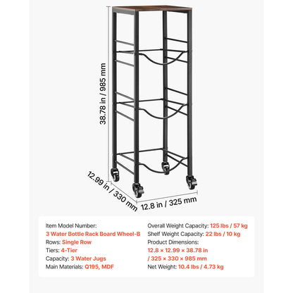KFFKFF 4-Tier Water Jug Rack, Organizer for 3 and 5 Gallon Bottles with Storage Shelf and Wheels, Heavy-Duty Stand for Kitchen, Office, or Living Room, Black and Brown