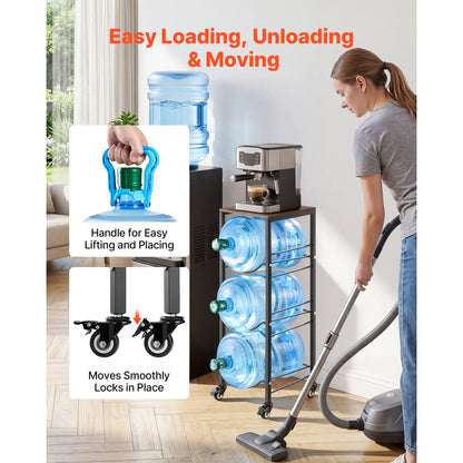 KFFKFF 4-Tier Water Jug Rack, Organizer for 3 and 5 Gallon Bottles with Storage Shelf and Wheels, Heavy-Duty Stand for Kitchen, Office, or Living Room, Black and Brown