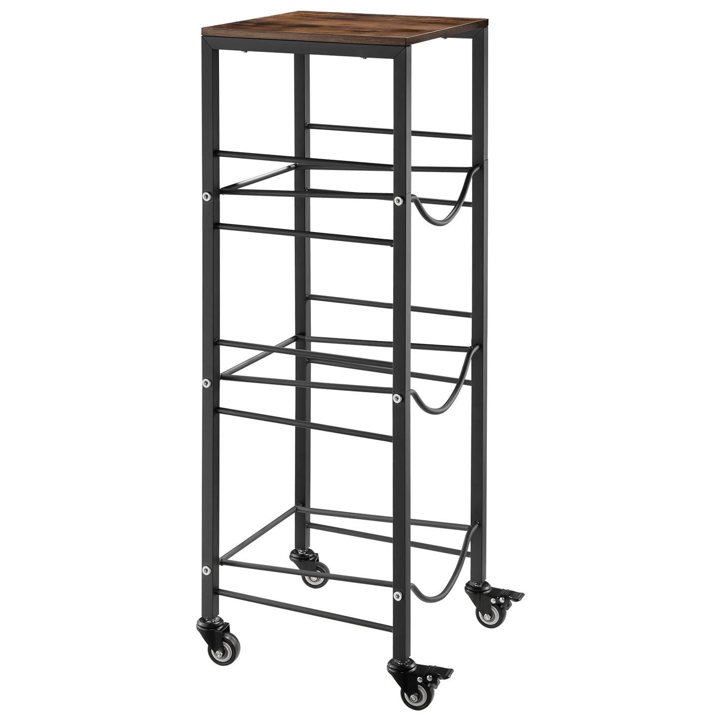 KFFKFF 4-Tier Water Jug Rack, Organizer for 3 and 5 Gallon Bottles with Storage Shelf and Wheels, Heavy-Duty Stand for Kitchen, Office, or Living Room, Black and Brown
