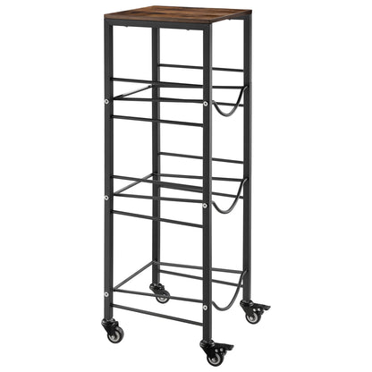 KFFKFF 4-Tier Water Jug Rack, Organizer for 3 and 5 Gallon Bottles with Storage Shelf and Wheels, Heavy-Duty Stand for Kitchen, Office, or Living Room, Black and Brown