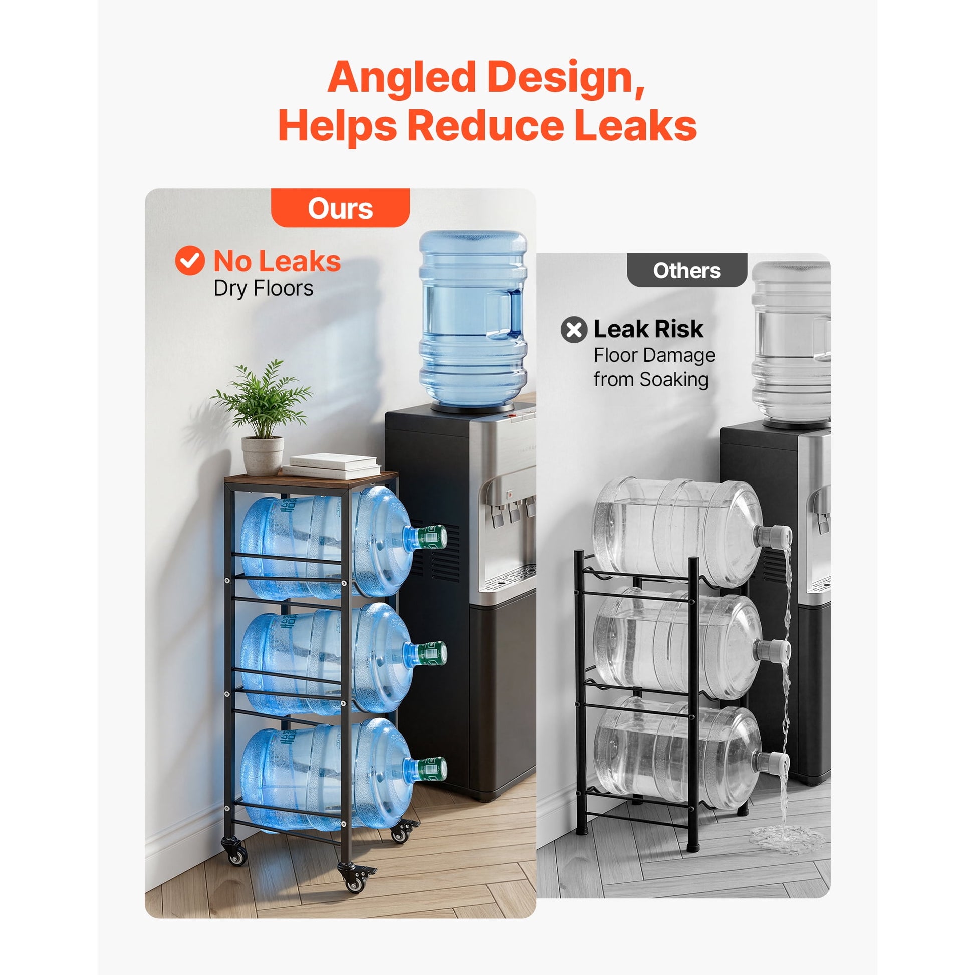 KFFKFF 4-Tier Water Jug Rack, Organizer for 3 and 5 Gallon Bottles with Storage Shelf and Wheels, Heavy-Duty Stand for Kitchen, Office, or Living Room, Black and Brown